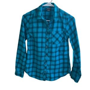 Eddie Bauer Womens XS Flannel Shirt Turquoise Black Plaid Button Down Cotton